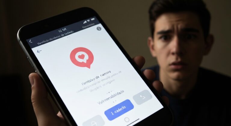Celular exibindo um aplicativo de namoro com ícone de cadeado, simbolizando golpe e roubo de dados.