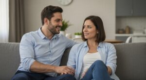 Casal conversando e de mãos dadas em um sofá, refletindo sobre seus relacionamentos.