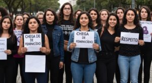 Manifestantes exibem cartazes contra a violência de gênero em um protesto.