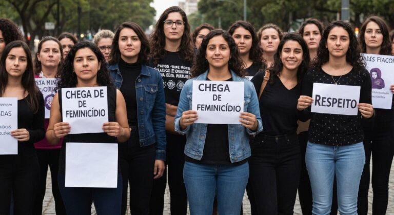 Manifestantes exibem cartazes contra a violência de gênero em um protesto.