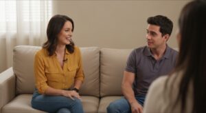 Casal em sofá discutindo planos de futuro em cena de 'future faking'