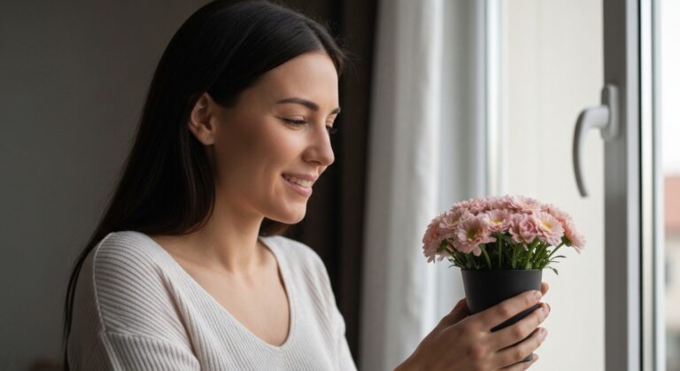 Mulher sorri segurando flores, simbolizando recomeço após relacionamento abusivo