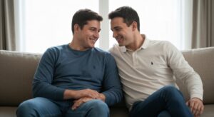 Casal conversando intimamente em casa, fortalecendo o relacionamento.