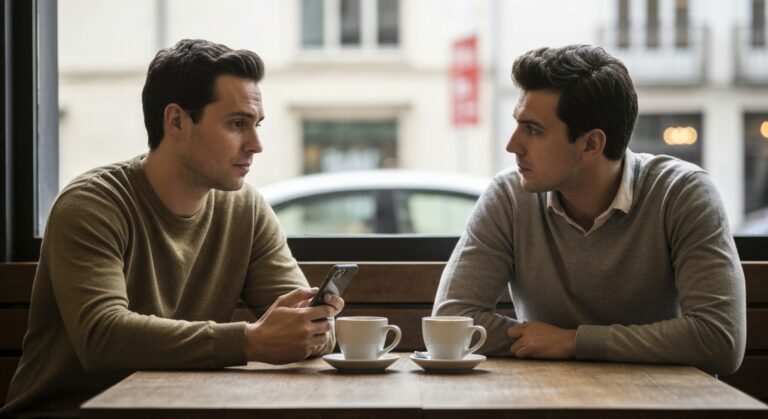 Casal jovem em café, um olhando para o celular, o outro pensativo, sugerindo distanciamento.